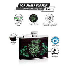 Hip Flask Holding 4 oz - Dragon Design - Pocket Size, Stainless Steel, Leak Proof, Screw-On Cap - Neon Green and Black Wrapped Vinyl Finish