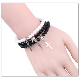 COJJ 6mm Boho Natural Blue Turquoises Beads Bracelet Men Cross Pendant Black Volcanic Stone Strand Bracelets for Women Charm Jewelry,Matte Black