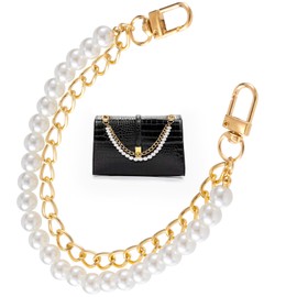 Isslly Pearl Purse Double Chains for Women, Stainless Steel Handbag Straps, Metal Short Handle Replacement Charms Accessories for Wallets Handbags Bags- Gold