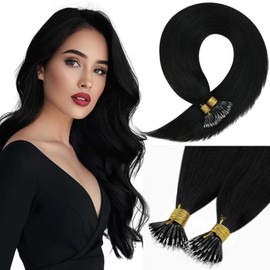 Sunny Hair Nano Beads Hair Extensions Invisible Nano Hair Extensions Human Hair Straight Nano Tip Hair Nano Ring Hair Extensions 50G/50S Black 18inch
