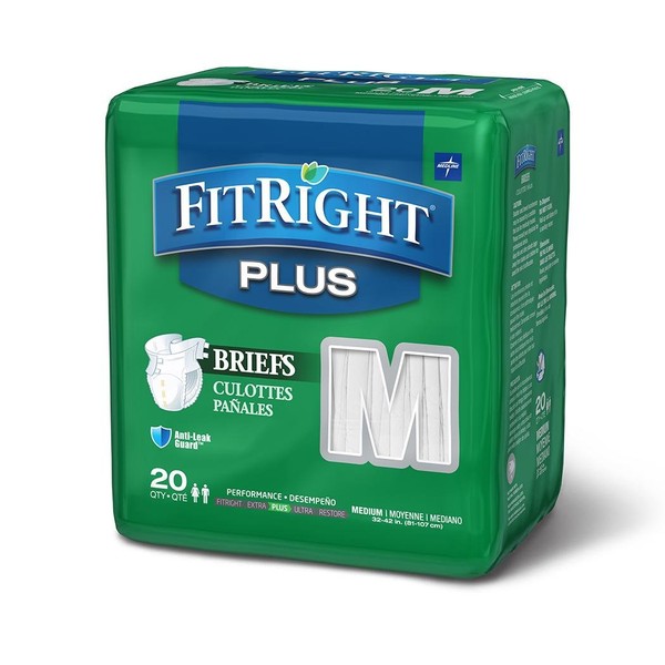 FitRight Plus Adult Briefs with Tabs, Moderate Absorbency, Medium, 32"-42", 20 count