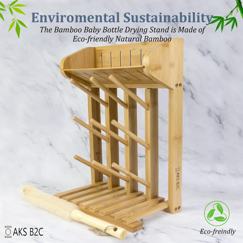 AKS B2C Bamboo Baby Bottle Drying Rack, Vertical Space Saving