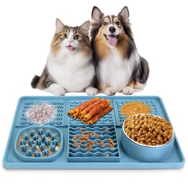 Dog Lick Mat for Medium Large Dogs, Silicone Slow Feeder Dog Licking Mat with Bowls, Peanut Butter Feeding Mat for Anxiety Relief, Reduce Boredom, Improve Eating Habit (Blue)