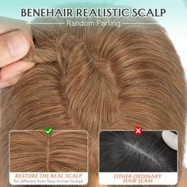 Benehair 100% Remy Human Hair Toppers for Women, 9 * 12CM Silk Base Hairpieces With Bangs 150% Density for Thinning Hair Light Brown 14 Inch