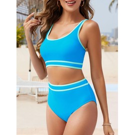 Womens Bikini Sets Two Piece Swimsuit for Women Cheeky High Waisted Swim Suit 2025 Sporty Color Block Bathing Suit Blue Green L