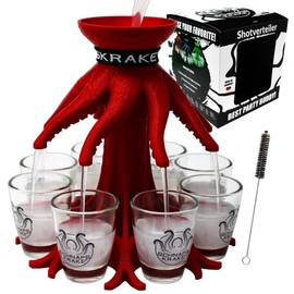 Schnapskrake ® - Das Original - Getränkeverteiler für 8 Personen - 18 Geburtstag Geschenk - Bar Butler - Ausgiesser - Einschenker (rot-metallic, inkl. Gläser)