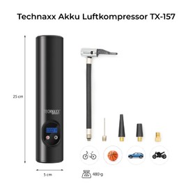 Technaxx 4906 Akku Kompressor für`s Auto, Fahrrad, Motorrad, Bälle – Mini elektrische Luftpumpe mit 6000 Li Ion Akku - integrierter Arbeitsleuchte mit 6 LED`s – tragbarer Akku-Luftkompressor TX-157