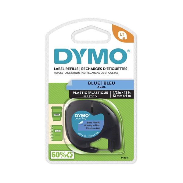 DYMO LetraTag Labeling Tape for LetraTag Label Makers, Black Print on Blue Plastic Tape, 1/2'' W x 13' L, 1 roll (91335)