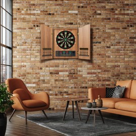 Hanbramo Dart Board, Decorative Dart Board Cabinet Set [12*Soft Tip Darts], Electronic Dart Board - Wooden Cabinet Doors with Integrated Scoreboard for Family Game Rooms [Apricot]