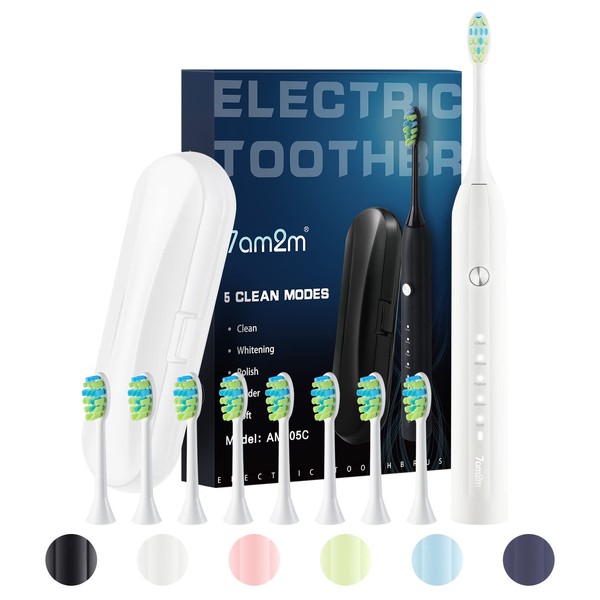 7AM2M Sonic Electric Toothbrush for Adults and Kids, with 6 Brush Heads, 5 Modes with 2 Minutes Build in Smart Timer, Roman Column Handle Design (White, with Travel Case)