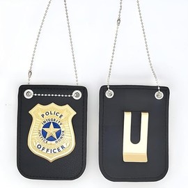Police Badge Costume Props, Metal Badges with Chain and Belt Clip, Gold