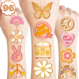 Two Groovy Retro 60s 70s Temporary Tattoos for Kids - Colorful Designs, 96 PCS - Perfect for Themed Birthday Party Supplies Decorations Favors Decor – Fun Stickers Tattoo Gifts for Boys Girls Rewards