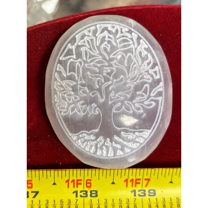 selenite palm stone With Tree Of Life