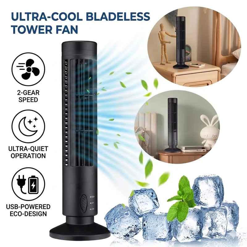 Portable LED Bladeless Tower Fan, 90° Oscillating Quiet USB Desk