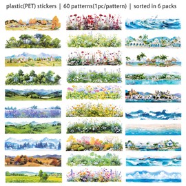 6 Packs Watercolor Scrapbook Sticker - Clear PET Strips in Nature, City, Cherry Blossom & Ocean Themes 55×180mm Decorative Stickers for Journals, Planners, Crafts, Collage & Card Making (Rhea)