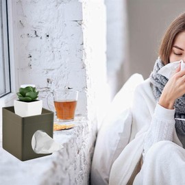 XNONE Tissue Box Cover Square Kleenex Box Holder PU Leather Facial Tissue Organizer with Storage Tray for Bathroom Vanity Bedroom Office Car, Stylish Napkin Caddy Decorative Organizer (Olive-Green)