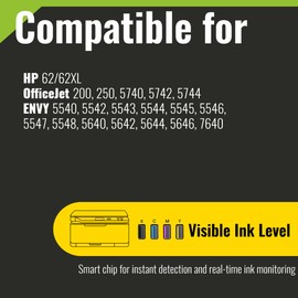 kamo 62XL (1x Black, 1x Colour) Multipack Printer Cartridges Compatible with HP 62 62 XL - for OfficeJet 200 250 5740 5742 5744, Envy 5540 5542 5543 5544 5545 5546 5547 5548 5640 5642 5644 5646 7640