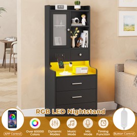 BTHFST Tall Nightstand with Charging Station, Black Bedside Table with Drawers & Glass Door, LED Night Stand with Bookshelf, End Table Side Table with Storage