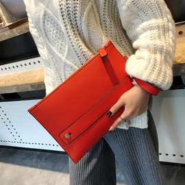 NIGEDU Women Envelope Clutch Bag PU Leather Female Day Clutches Large Purse Evening Bags with Wrist Strap, Red, Medium