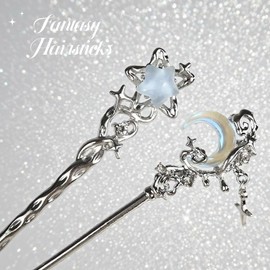2 Pack Star Moon Hair Sticks for Women Girls Buns Unique Metal Hairpins Vintage Chinese Chopsticks for Hair Styling Accessories