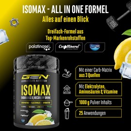 Isomax - 1000g Isotonisches Getränkepulver mit Maltodextrin, Glukose, Kokoswasser, Aminosäuren, Elektrolyten & Vitaminen - Vegan - mit Palatinose™, CocoMineral®, Aquamin® (Lemon)