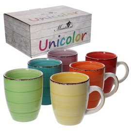 MamboCat, 6-piece. Coffee Cup Set Plain Colourful Tea Large Pot Drinking Cocoa Milk Round 350 ml Tableware Blackboard Accessories Breakfast Buffet.