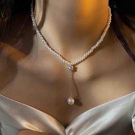 Atentuyi Y Shaped Pearl Necklace Gold Pearl Drop Y Necklace Chain Bead Pearl Pendant Lariat Necklace Beaded Pearl Strand Necklace Dainty Cz Choker Simple Necklace for Women Wedding Bridesmaid Jewelry