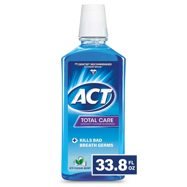 ACT Total Care Anticavity Fluoride Mouthwash 33.8 fl. oz. Kills Bad Breath Germs, Icy Clean Mint