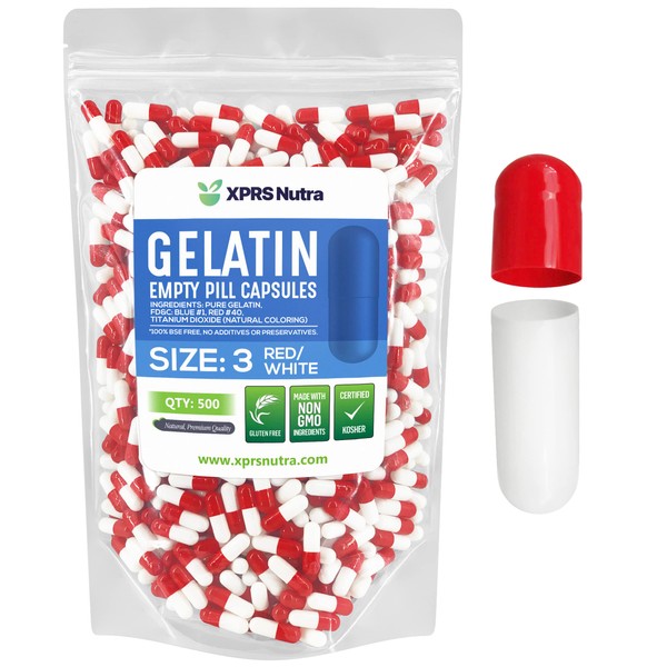 Capsules Express - Cápsulas de gelatina vacías blancas y rojas - Kosher Pure Gelatina Píldora – Relleno de polvo DIY (500)