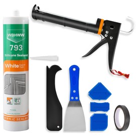 Professional Caulk Gun Kit, White Silicone Sealant + Caulk Gun + Caulking Tool Kit - All-Purpose 100% Silicone Caulk (10 oz Tube), with Caulk Gun, Smoothing Tool, Scraping Tool and Masking Tape