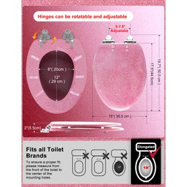 Angol Shiold ELONGATED Pink Toilet Seat Resin Glitter, Slow Close Heavy Duty Acrylic Toilet Seats for Standard Toilets, Easy Installation & Cleaning(19Inch, Pink Glitter, Upgraded hinges)