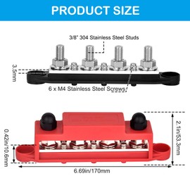 Bus Bar 12V 250A Power Distribution Block, 4 x 3/8" (M10) Terminal Studs Busbar for Battery, Solar, RV, Boat, Automotive - Positive & Negative (Pair, Red & Black)