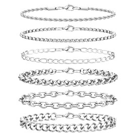 6PCS Stainless Steel Bracelets for Men Women, Silver Cuban Link Rope Box Wheat Chain Paperclip Figaro Jewelry Set, 7 Inches