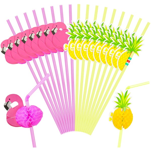 Hysagtek 100 Pcs Drinking Straws, Including 50 pcs Flamingo Bendable Cocktail Straws and 50 pcs Pineapple Straw for Luau Party, Pool Party, Birthday Party, Hawaiian Party Decor Tableware Decoration
