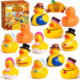 FUN LITTLE TOYS 12 PCS Thanksgiving Rubber Ducks in Bulk for Kids, Assorted Rubber Duck Turkey & Pilgrim Toy Duckies for Fun Bath Toys, Thanksgiving Party Favors, Thanksgiving Themed Bathtub Toys