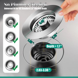 Attoshow 2PCS 3-in-1 Kitchen Sink Drain Strainer with Pop-Up sink stopper - 304 Stainless Steel Drain Filter & Anti-Clog Basket, Universal Fit for US Standard 3.5" Kitchen Drain