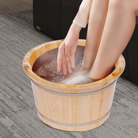 YIYIBYUS Cedar Wood Foot Bath Bucket with Lid & Massage Roller, 10.36 Lbs Wooden Foot Soaking Tub for Relaxation and Spa, Handmade Solid Wood Foot Basin with Galvanized Hoop, 30-Minute Heat Retention
