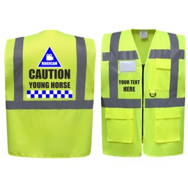 Ridercam Caution Young Horse Equestrian Zipped Yellow Hi Vis Safety Vest Horse Riding Reflective Waistcoat Road Safety High Visibility Rider, Can Personalise. (Yellow, Medium)