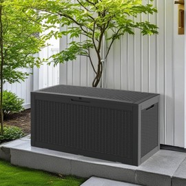 Trygoal 100 Gallon Storage Box, Resin Deck Box with Hydraulic Piston Design, Waterproof Storage Bench with Side Handles, Lockable, Outdoor Decking Box for Patio Cushions, Garden Tools, Black