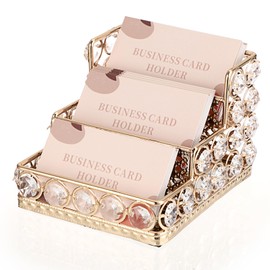 Hipiwe Crystal Business Card Holder - 3 Tiers Gold Mirrored Name Card Display Stand Desktop Business Card Storage Organizer for Office Desk, Holds 120 Business Cards