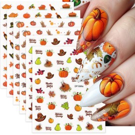 6 Sheets Fall Nail Stickers Autumn Maple Leaf Nail Art Stickers for Nail Art Cute Pine Cones Pumpkin Turkey Designs 3D Self-Adhesive Thanksgiving Nail Decals for Women DIY Acrylic Manicure Decoration