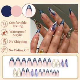 24Pcs Press on Nails Mittel Mandel, 3D Gold Geprägt Französisch Blau Nägel zum Aufkleben, Full Cover Kunstnägel mit Krokodilmuster, Soft Gel Acryl Künstliche Nägel für Frauen Mädchen