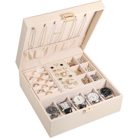 Voova Jewelry Box Organizer for Women, 2 Layer Large Watch Holder Organizer for Teen Girl, PU Leather Jewelry Display Holder with Removable Tray for Watches Sunglasses Rings Earrings Necklace, Apricot