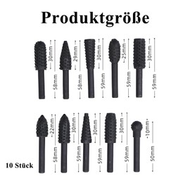 Raheem Pack of 10 Wood Rasp Rasp Set, Wood Carving Drill Bit Set, Drill Shank Tool, Wood Carving Ball Mill, Cylinder Cutter, Tenon Mill, Cone Cutter for Grinding, Engraving, Polishing