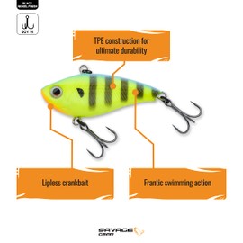 Savage Gear TPE Soft Vibe 2-1/2-Inch 3/4-Ounce Sinking, Vibrating Lipless Crankbait, Chartreuse Tiger