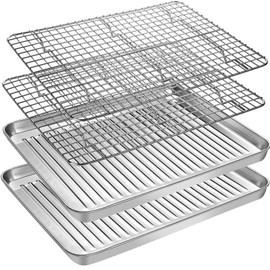 Baking Sheet Tray with Cooling Rack Set (2 Pans + 2 Racks), Stainless Steel Cookie Pan with Cooling Rack For Oven, Nonstick Baking Pan, Warp Resistant & Heavy Duty & Rust Free, Size 9 x 7 x 1 Inches