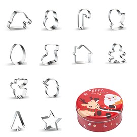 WDYJMALL Christmas Cookie Cutters 12-Pc Set - Santa Hat Snowman Candy Cane Mitten Egg Stocking House Gingerbread Man Reindeer Santa Claus Face Star - Small B