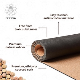 ECOGA Premium Cork Yoga Mat With Alignment Marks - 5mm Thick Non Slip Hot Yoga Mat - Eco-friendly Non Toxic - Includes Strap and Bag