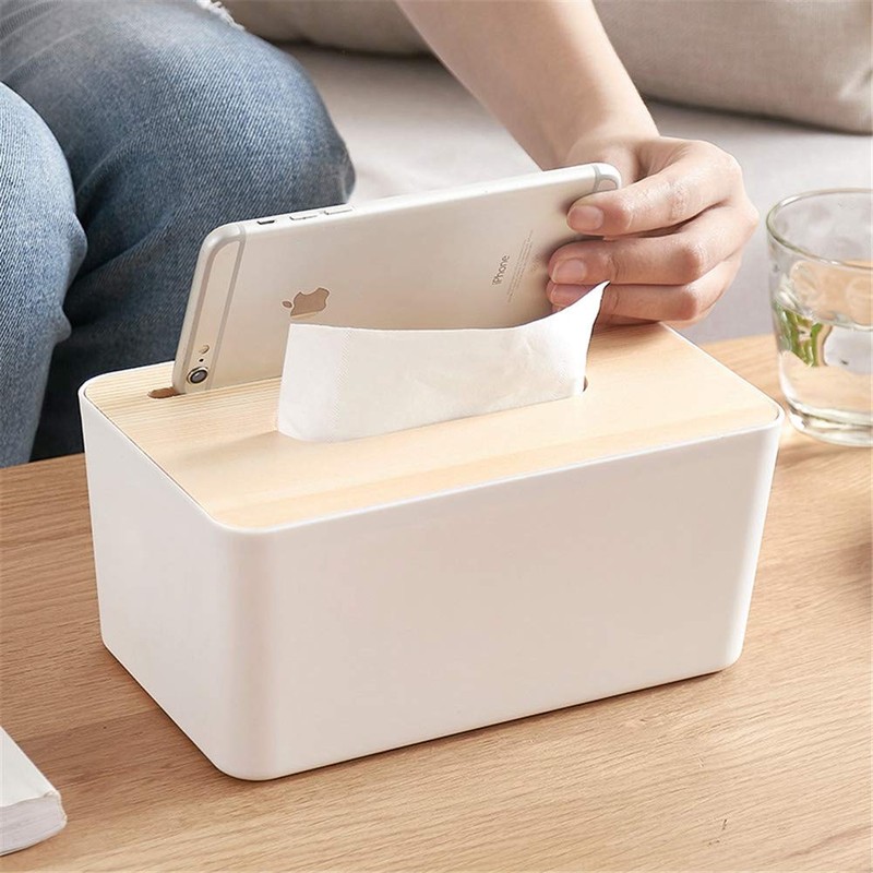 Tissue Box Plastic Removable Wood Cover Holder Storage Organizer for