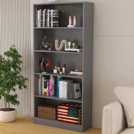 LZ-DONGMAN Wood Bookcase 5-Shelf Freestanding Display Shelf Organizer Wooden Bookshelf for Home Office School (Grey 11.8" D x 31.5" W x 67.9" H)